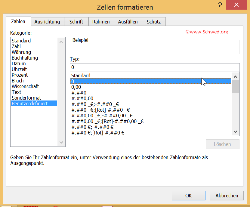Dialogbild Zellen formatieren - Benutzerdefiniert