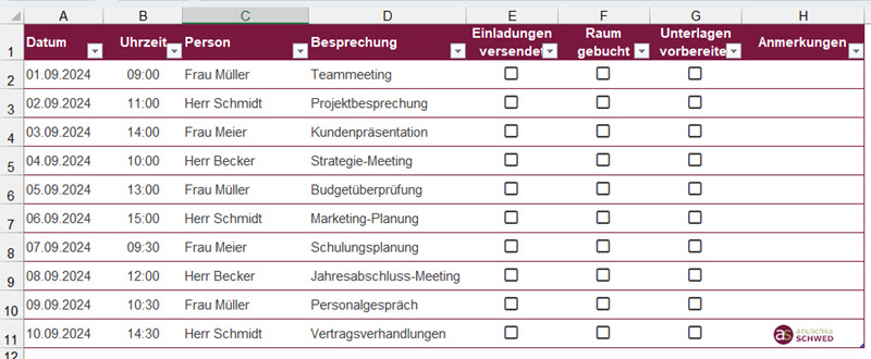 Excel 365 Kontrollkästchen nutzen Termin- und Besprechungsmanagement