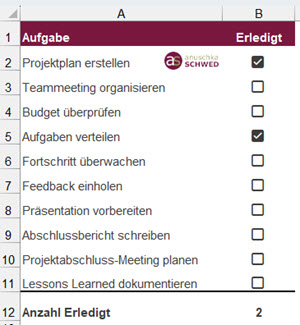 EXCEL 365 Kontrollkästchen in ToDo-Liste