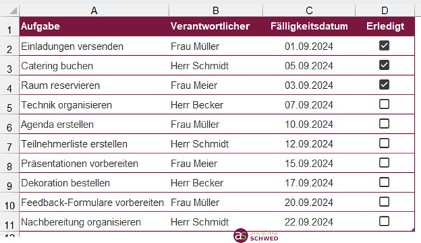 EXCEL 365 Anwendungsbeispiel Kontrollkästchen für Veranstaltungsplanung