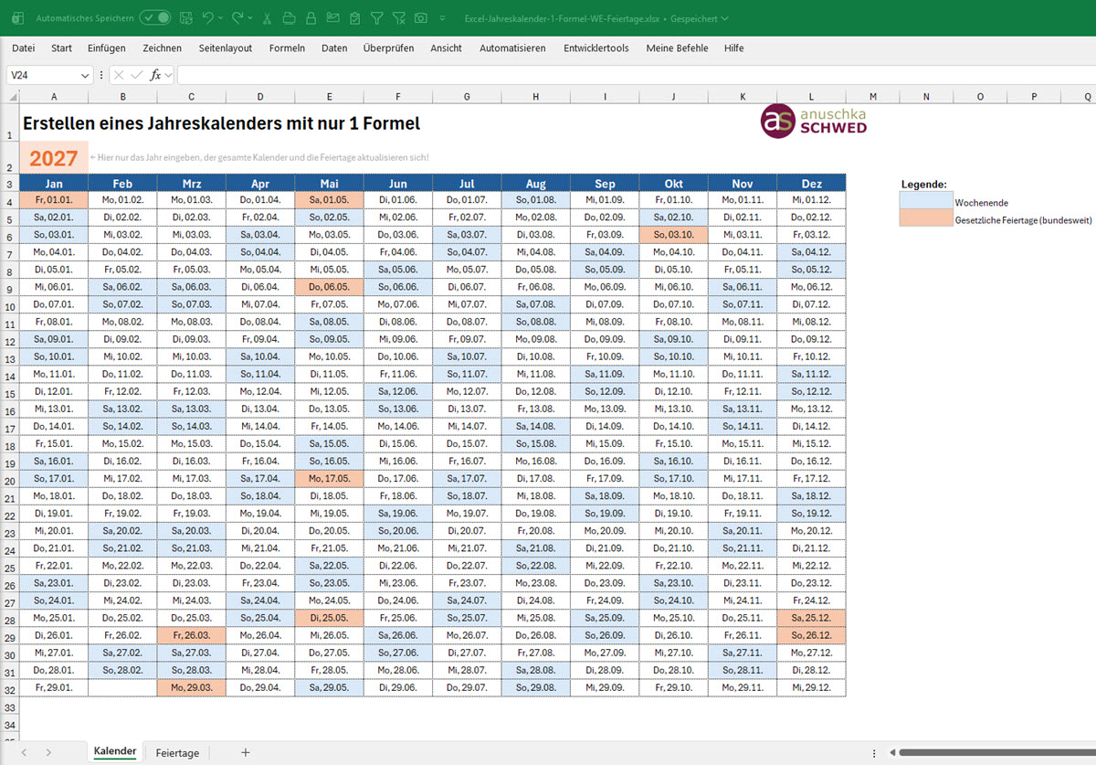 Screenshot des ewigen Jahreskalenders mit eingefärbten Wochenenden und Feiertagen