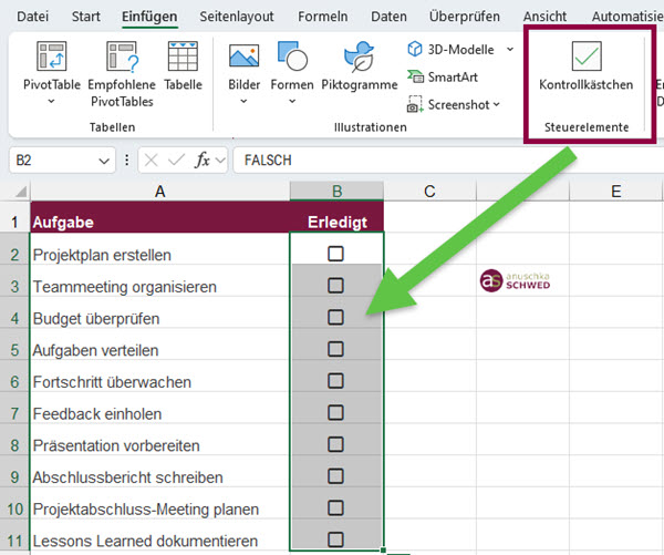 Excel 365 Kontrollkästchen einfügen