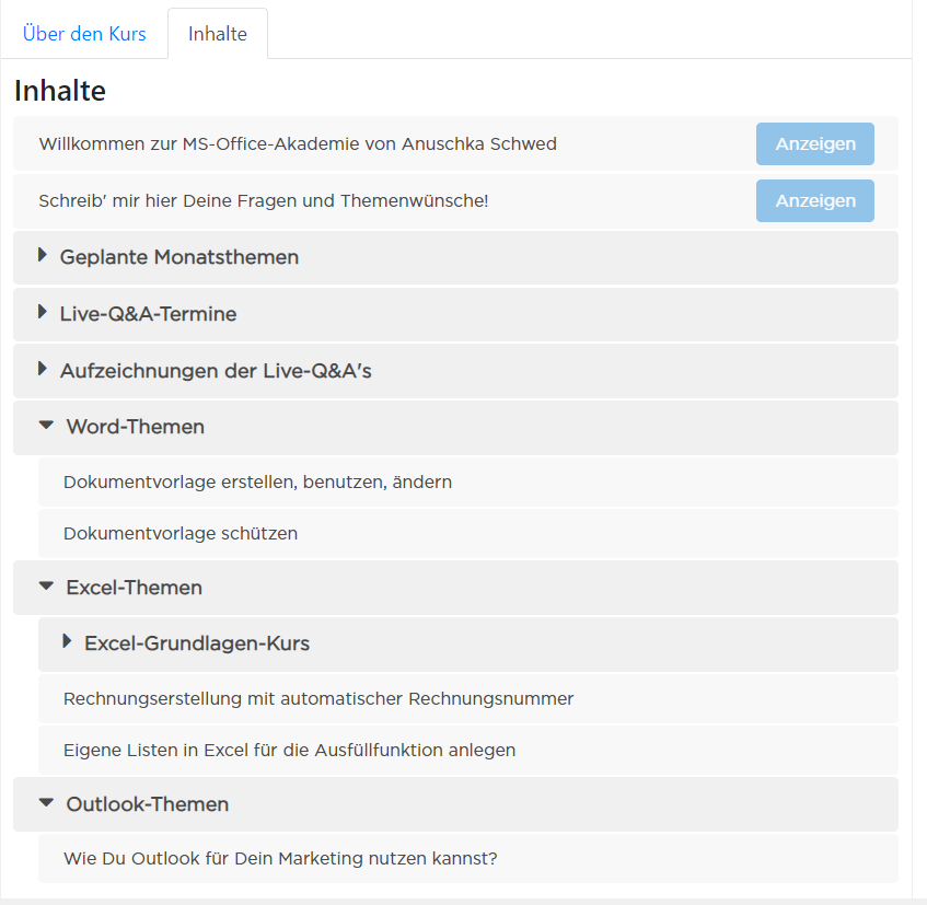 Aktuelle Inhalte der MS-Office-Akademie